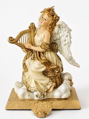 Angel Harp Stocking Holder Gold White Christmas Mantel